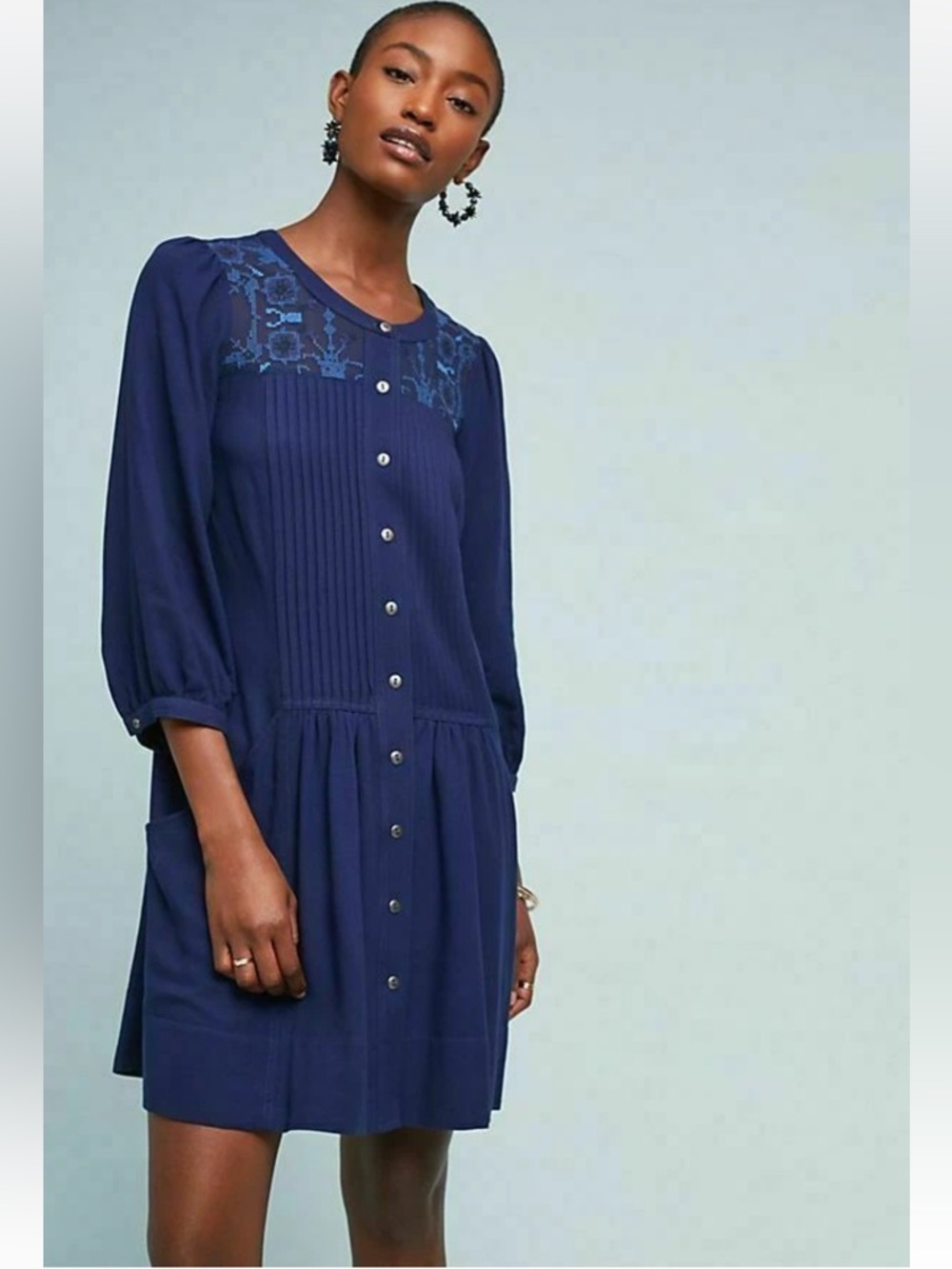 Anthropologie Dubois Embroidered Button Down Boho Dress Tunic Blue Size 6